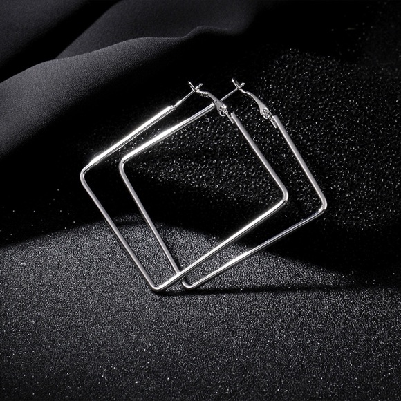Silver Rhombus Clasp Back Hoop Earrings - Picture 4 of 7